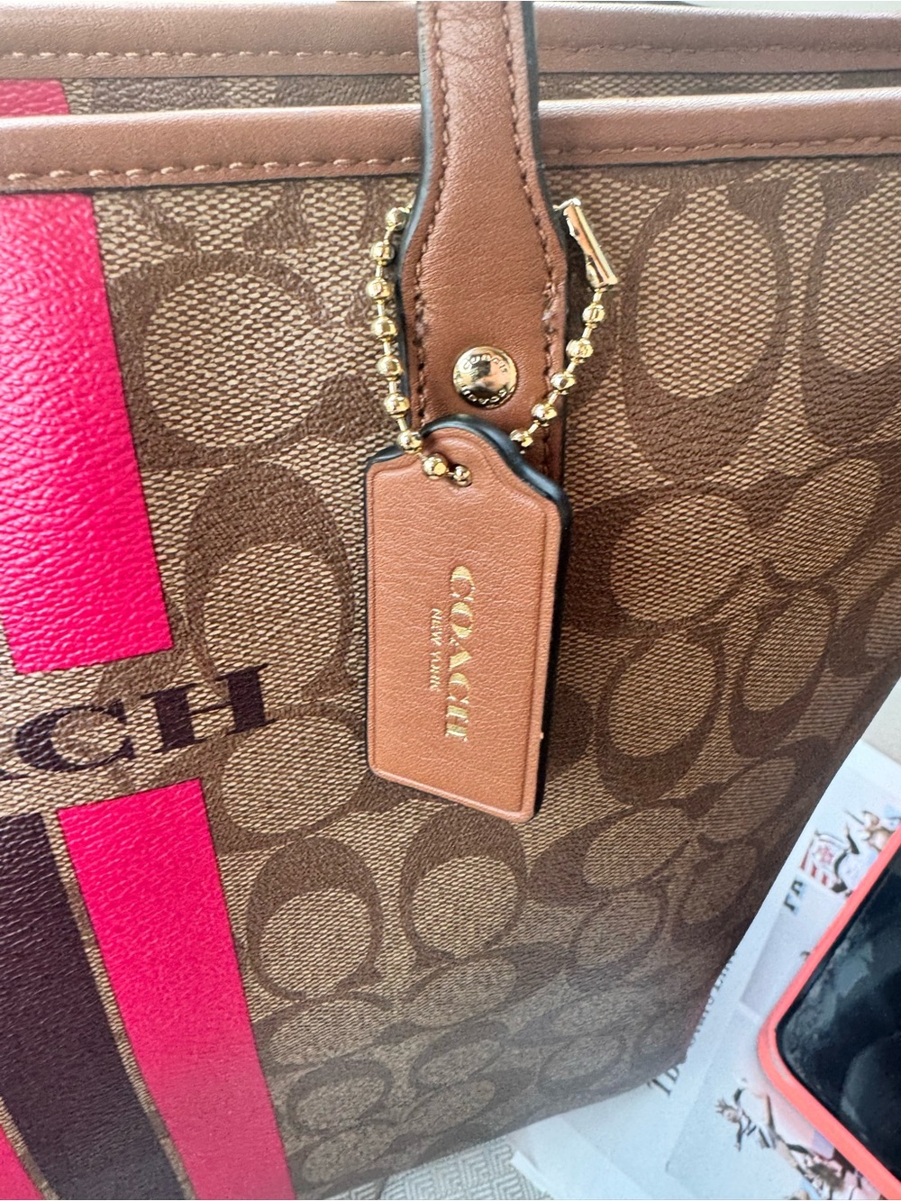 Coach Signature Stripe Tote Bag Brown Canvas Pink Red Stripe Large Carryall - Picture 4 of 12